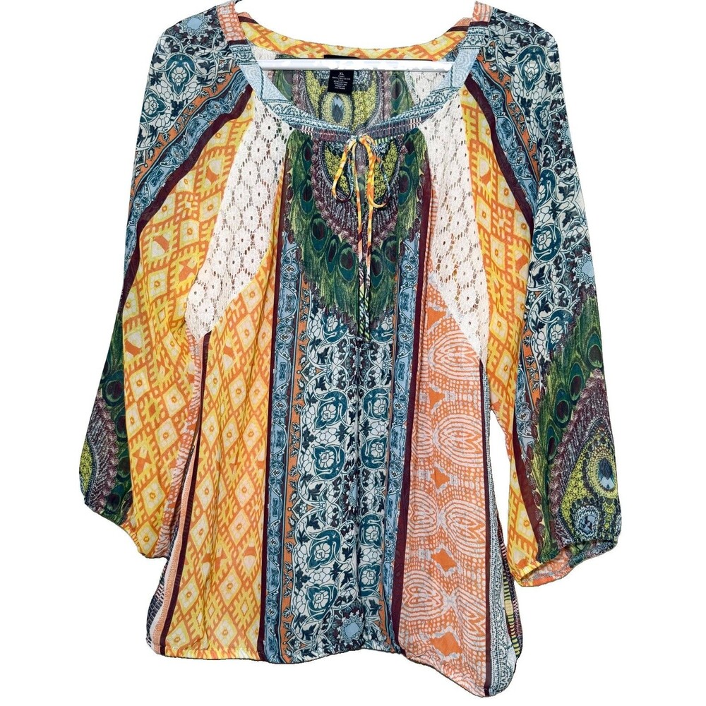New Directions XL Boho Peacock Patchwork Print Lace Peasant Blouse Top